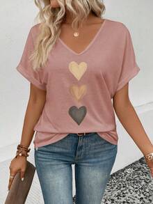 EMERY ROSE Women's V-Neck Flared Cuff, Ombre Heart Print Casual Versatile T-Shirt, Spring/Summer - Pink - View 6