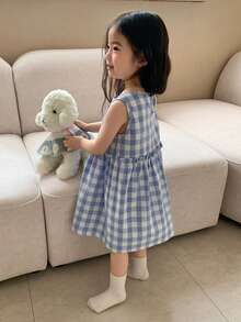 DAZY 女童圆领韩版格子休闲无袖家居服 - 藍色 - 查看 7