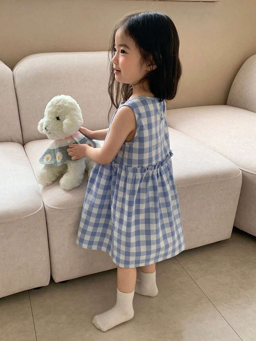 DAZY 女童圆领韩版格子休闲无袖家居服 - 藍色 - 查看 1