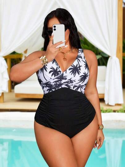 Swim Lushoire Plus Size Women Mature Minimalist Beach Casual Random Print Patchwork Solid Color Criss-Cross Ruched One Piece Swimsuit