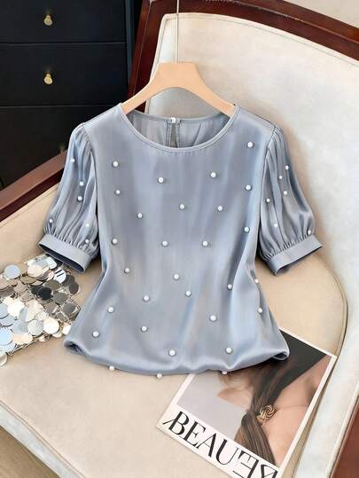 GlowEve Women's Round Neck Puff Sleeve Pearl Embellished Casual Blouse