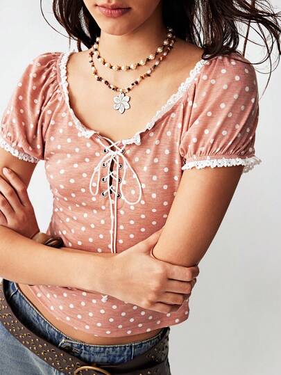 Bohemela Casual Polka Dot Pattern Fitted Women T-Shirt