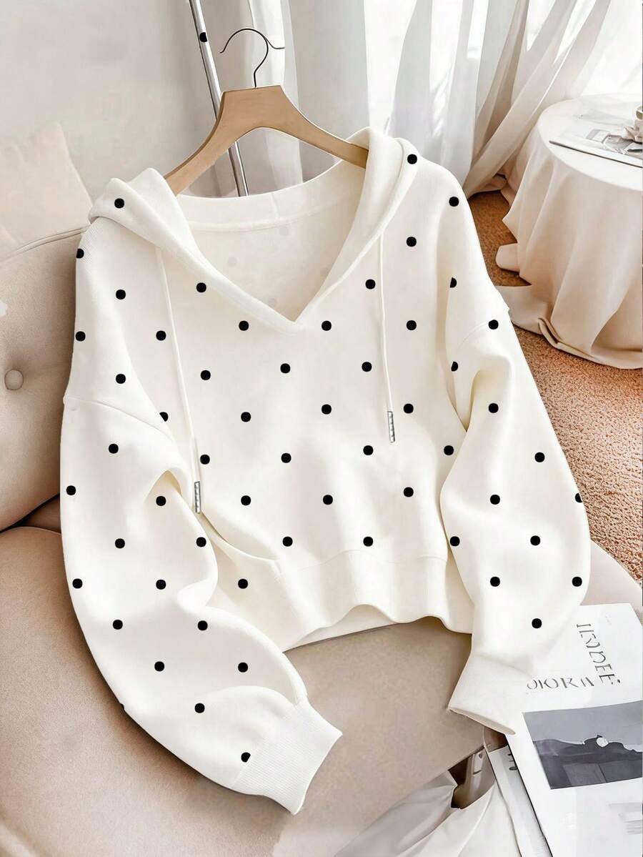 Resyla Women's Casual Polka Dot Print Hooded Sweatshirt, Autumn/Winter - White - View 1