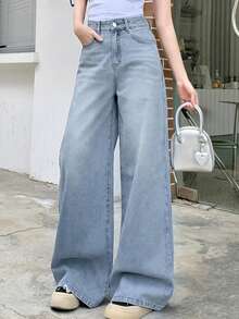 DAZY 女士休闲日常水洗斜插口袋阔腿牛仔裤 - 淺藍色 - 查看 3