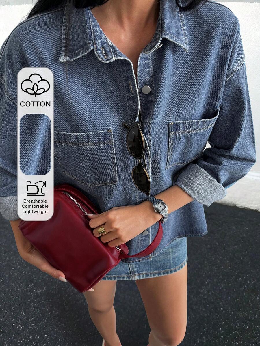 Livesso Women's Casual Denim Jacket With Collar, Autumn/Winter - Blue - View 1