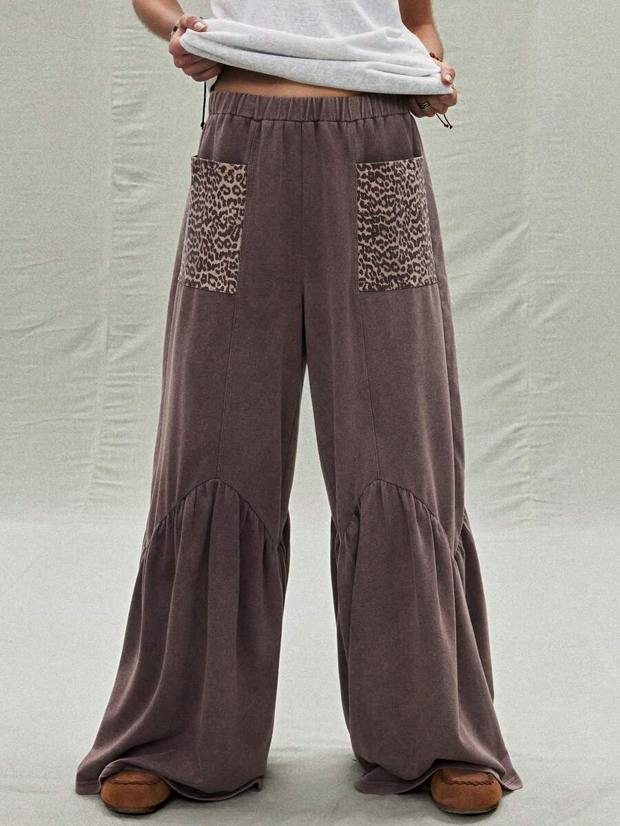 SoleilVie Women's Distressed Leopard Print Patchwork Flare Leg Pants - Brown - View 1