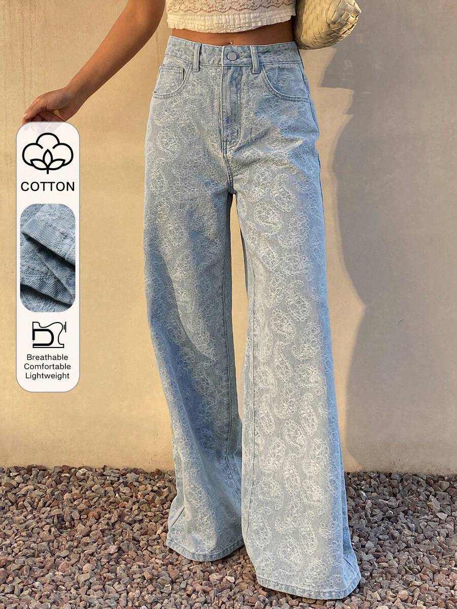 Livesso Quần jeans nữ màu sáng, kiểu dáng thường ngày, họa tiết hoa điều. - Màu xanh nhạt - Xem 1