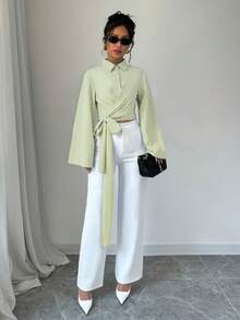 Selianne Women's Solid Color Turndown Collar Single-Breasted Twist Design Fashionable Versatile Daily Long Sleeve Shirt - Mint Green - View 4