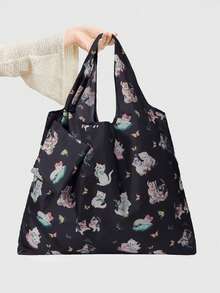 ROMWE Kawaii Bolso de tote plegable de gran capacidad con estampado de corazones y notas musicales de moda, bolso de compras portátil con monedero - Gato líder - View 6