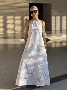 DAZY Đầm maxi không tay in hoa, thắt eo, trang phục nghỉ dưỡng thanh lịch dành cho nữ, đầm maxi mùa xuân/hè. - Màu be - Xem 1