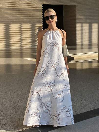 DAZY Vestido sin mangas con estampado floral y cintura con lazo, elegante vestido de resort para mujer, vestido largo de primavera/verano