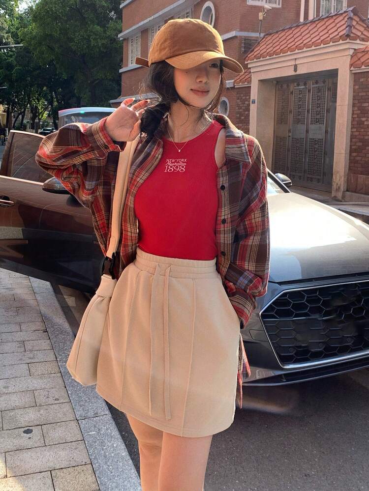 Women's Solid Color Fitted Straight Elastic Waist Casual Sports Mini Skirt, Spring/Autumn