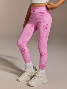 Young Girls Clothing Sports Outdoor Girls Pink Pattern Yoga Yoga Tight Pants High Elasticity Free Stretch Fashionable Versatile Classic Running, Cycling And Hiking Sports Pants - Pink - View 1
