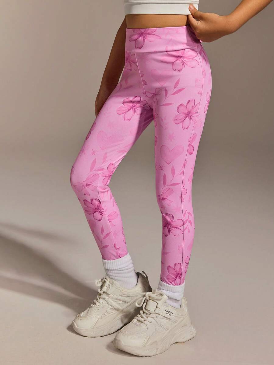 Young Girls Clothing Sports Outdoor Girls Pink Pattern Yoga Yoga Tight Pants High Elasticity Free Stretch Fashionable Versatile Classic Running, Cycling And Hiking Sports Pants - Pink - View 1