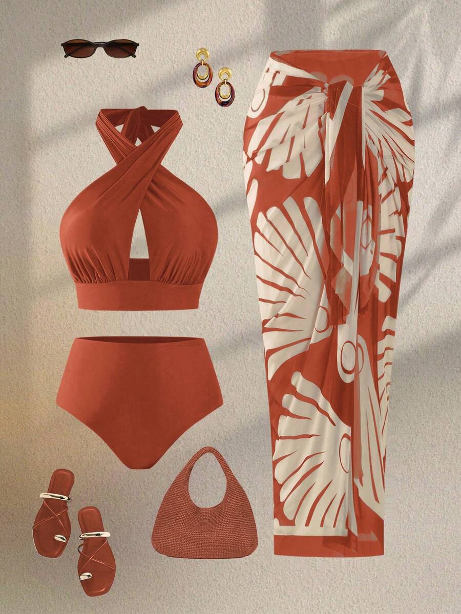 Swim Oasis 大码女式咖啡色交叉露背吊带镂空上衣和高腰比基尼泳裤套装，搭配印花网纱长裙，适合夏季海滩度假 - 彩色 - 查看 1