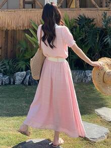 DAZY 2件套女士简约风荷叶边领连衣裙套装，韩版时尚，青春靓丽，显瘦优雅长裙 - 粉色 - 查看 2