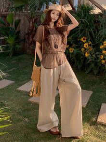 DAZY 女士亮片圆领半透明韩版上衣和休闲宽松裤两件套，少女风 - 卡其色 - 查看 3