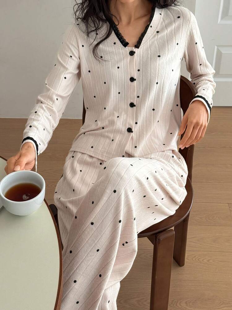 Contrast Color Lace Patchwork Polka Dot Print Women Pajama Set