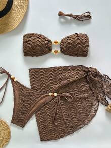 Swim Vcay 3 sztuki/zestaw eleganckich i modnych damskich strojów kąpielowych w jednolitym kolorze z ozdobnym przodem i ramiączkami typu spaghetti, lato, wiosna, walentynki, na co dzień, na imprezę, na plażę - Brązowy - Zobacz 1