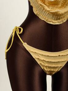 Zestiva 3pcs Women's Swimsuit Set With Beaded Tie Front Halter Bikini Top And High-Waisted Ruffle Skirt, Spring/Summer - Yellow - View 8