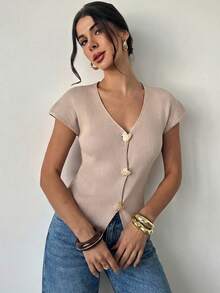 Firerie 女士纯色修身V领弹力优雅金色纽扣开衫毛衣，长袖休闲/办公/街头/约会穿着，轻薄夏季休闲开衫 - 杏色 - 查看 11