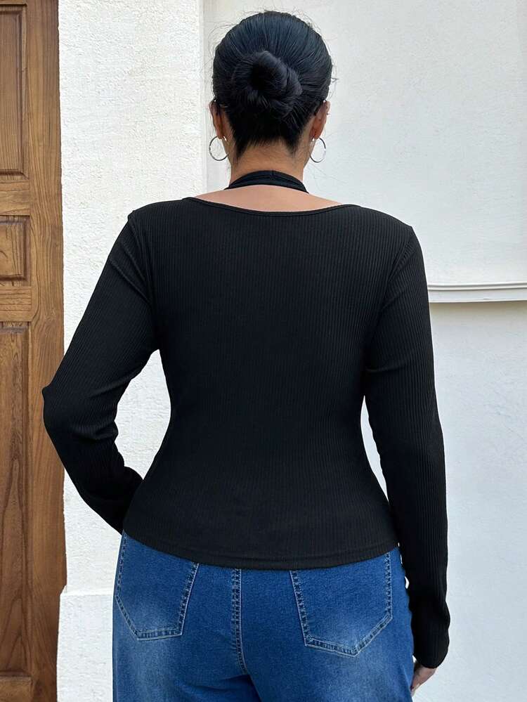 Dazy Plus Plus Size Solid Color Lace-Up 2 In 1 Casual Long Sleeve T-Shirt