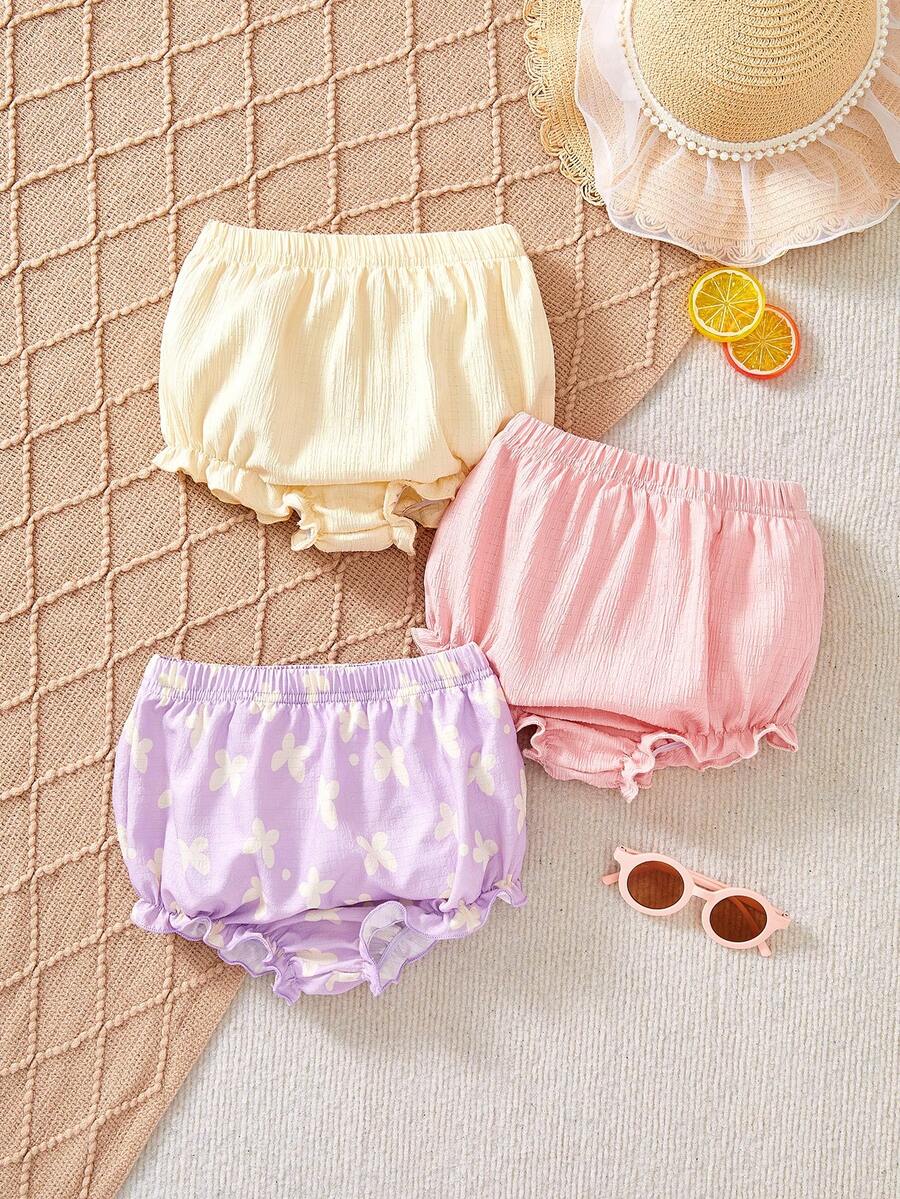 SHEIN Playful Pals 3件套女婴柔软彩色短裤套装，米色、白色、粉色，简约风格，宽松版型，适合户外玩耍、居家穿着，也适合各种派对场合，夏季适用 - 彩色 - 查看 1