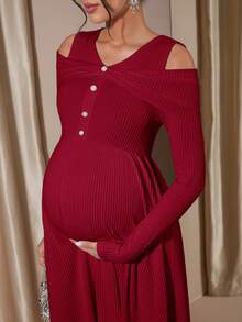 Momance Maternity Raglan Sleeve Button Front Rib-Knit A-Line Midi Dress, Spring/Autumn - Burgundy - View 7