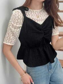 FRIFUL Women's Pleated Shoulder Tie Ruffle Hem Solid Color Camisole - Black - View 5