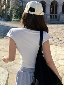 DAZY 女士夏季圆领字母印花半拉链休闲短袖T恤 - 白色 - 查看 4