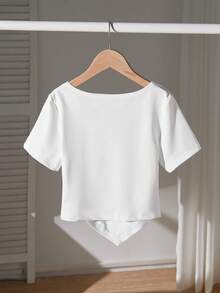 Tween Girls Asymmetric Shoulder T-Shirt - White. The Design And Side Ruching Create A Flattering Silhouette, Exposing The Shoulder And Neck Line While Cinching The Waist. The Asymmetrical Hem Also Subtly Enhances The Waist-To-Hip Ratio. This Basic Tee Can Be Easily Styled With Jeans Or Skirts For A Relaxed Yet Chic Look. - White - View 2