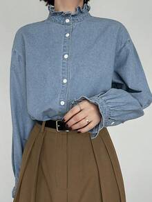 FRIFUL Women's Casual Washed Denim Long Sleeve Shirt