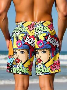 Manfinity Swimmode Men's Summer Beach Vacation Pop Art Print Drawstring Waist Slant Pocket Beach Shorts - Multicolor - View 2
