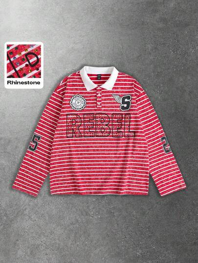 Camicia polo a maniche lunghe con strisce e brillantini, vestibilità ampia, da uomo