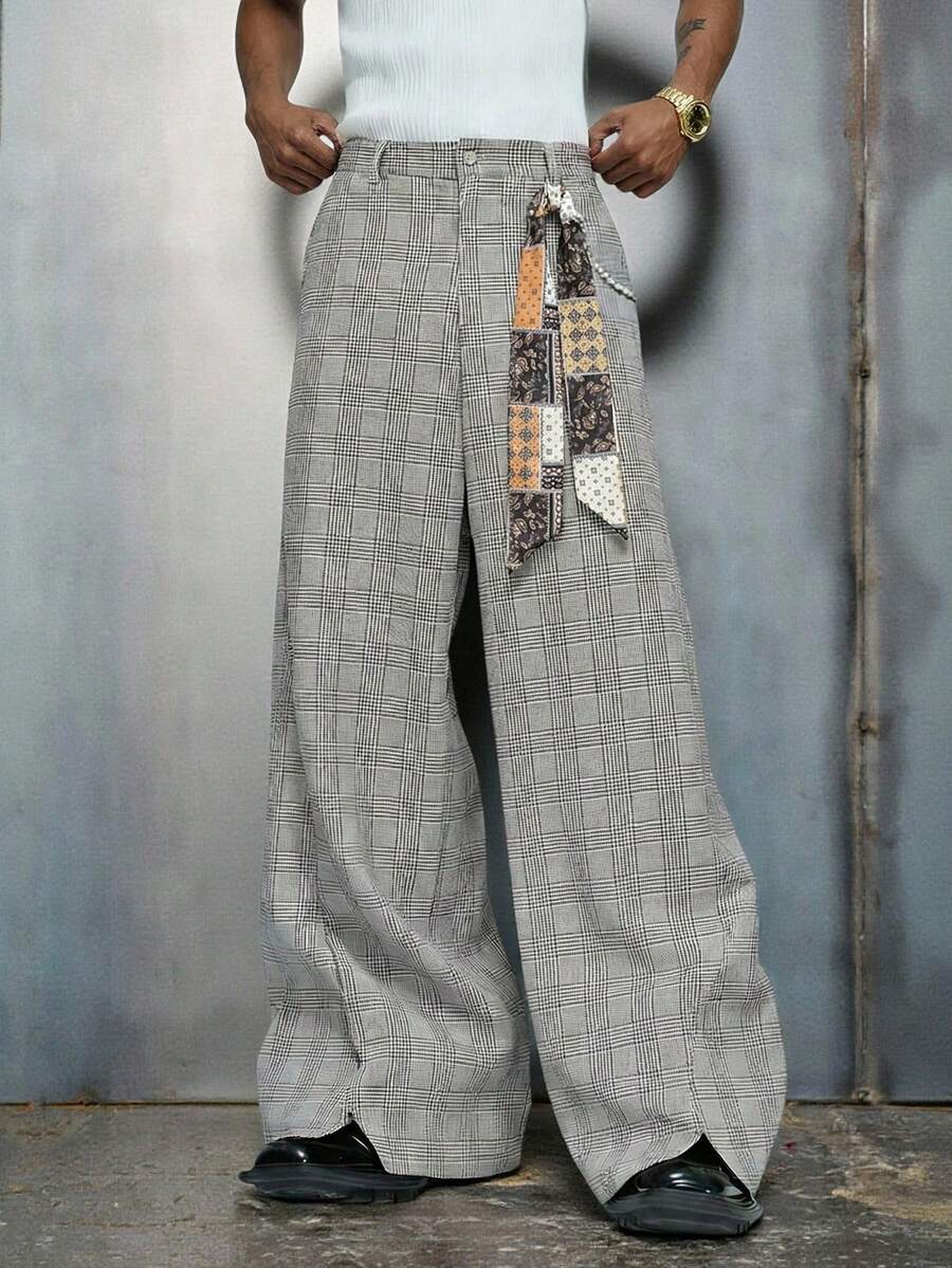 PAVTROS 男士街头风流行INS搭配，男士格子口袋阔腿宽松休闲裤，搭配缎带堆叠的高端休闲裤，正式裤装，街头服饰，温暖冬季，圣诞节，送给男朋友的礼物，格子裤，设计师款裤子，男士阔腿裤，男士高腰裤 - 棕色 - 查看 1