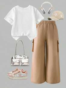 SHEIN ChillGRL 2件套少女休闲T恤和工装裤套装，蝴蝶刺绣图案圆领短袖T恤和裤子，春夏时尚套装 - 卡其色 - 查看 2