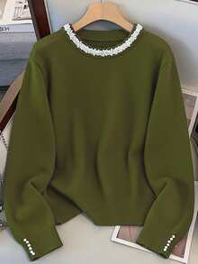 GlowEve CURVE Plus Size Elegant Pearl Embellished Crew Neck Long Sleeve Sweater - Olive Green - View 1