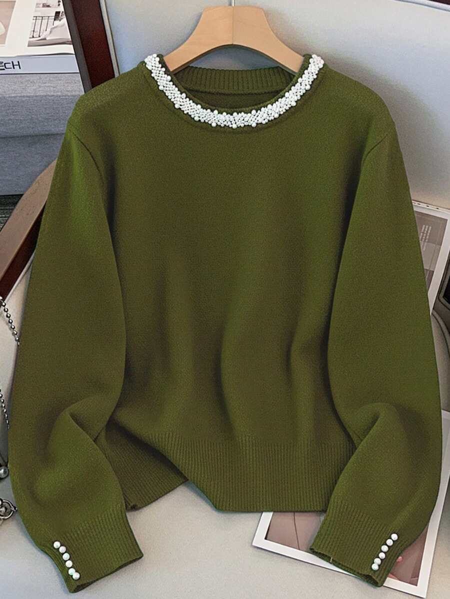 GlowEve CURVE Plus Size Elegant Pearl Embellished Crew Neck Long Sleeve Sweater - Olive Green - View 1