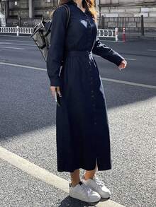 DAZY Women's Turndown Collar Long Sleeve Loose Waist Casual Denim Dress - Dark Wash - View 4