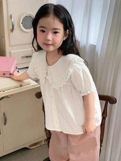 DAZY Toddler Girls' Korean Style Ruffle Trim Casual Puff Sleeve Solid Color Blouse