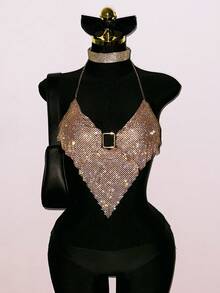 SHEIN DivaQ Women's Metal Halter Neck Top, Sexy Backless Top, Suitable For Music Festivals, Carnivals, And Parties Sparkle Top Rhinestone Top - Gold - View 7
