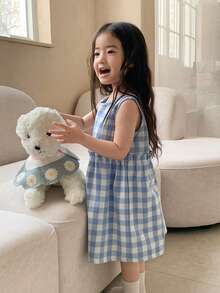DAZY 女童圆领韩版格子休闲无袖家居服 - 藍色 - 查看 4