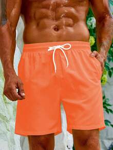 Manfinity Swimmode Men's Solid Color Casual Beach Shorts - Coral Orange - View 3