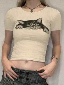 SHEIN 大码女式休闲猫咪印花圆领短袖T恤，慵懒日常穿着 - 彩色 - 查看 6