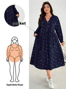 Shapeblank 大码女装秋冬时尚休闲宽松舒适日常黑色碎花长袖中长连衣裙，带口袋，秋季穿搭，秋季连衣裙 - 藏蓝色 - 查看 1