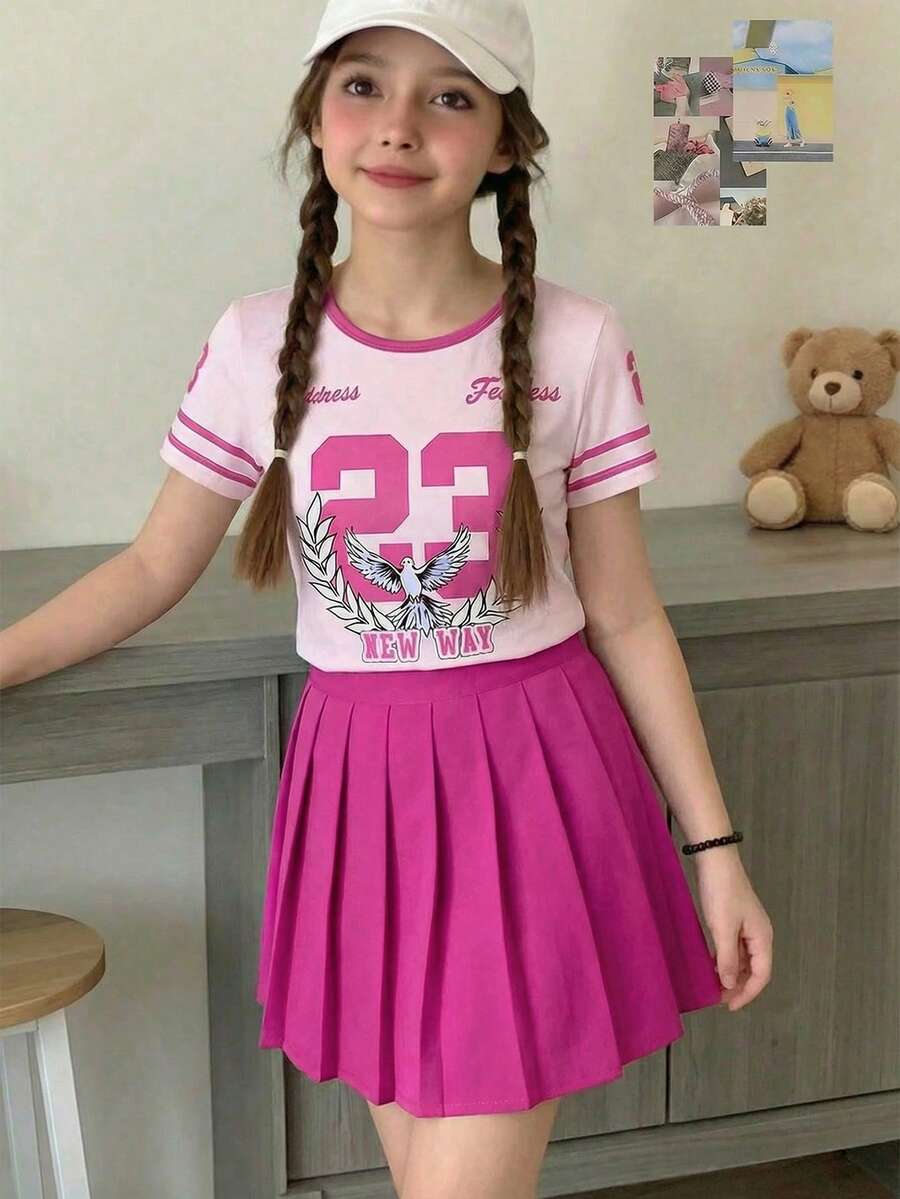 SHEIN 两件套：少女白色上衣，饰有3D情人节红色爱心图案T恤，搭配红色百褶裙