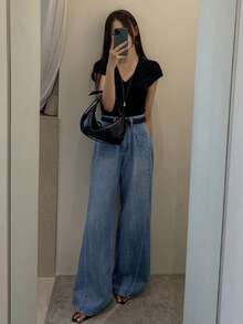 DAZY Vintage Blue High Waist Loose Straight Leg Draped Jeans For Women