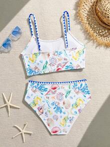 SHEIN 少女比基尼套装，可爱蓝色多色海洋星珊瑚贝壳针织面料，吊带荷叶边露脐上衣和泳裤两件套泳装，时尚优雅休闲，适合游泳、夏季度假、海滩、泳池、假日派对 - 彩色 - 查看 2