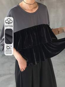 FRIFUL Colorblock Round Neck Drop Shoulder Long Sleeve Layered Velvet Fabric Loose Casual Versatile T-Shirt - Black - View 6