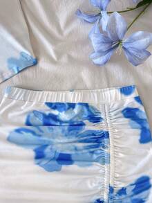 SHEIN Tween Girl Blue Floral Print Camisole Top And Pleated Skirt Set